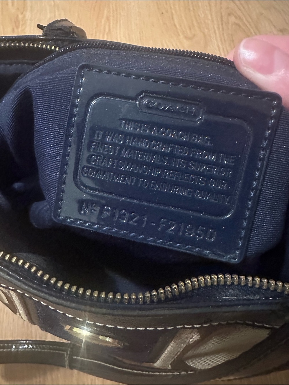 Coach Brown Signature Canvas Tote with Navy Center Stripe - Picture 7 of 11